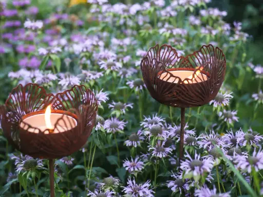 Två rostiga ljushållare i form av blommor lyser upp en rabatt med lila blommor.