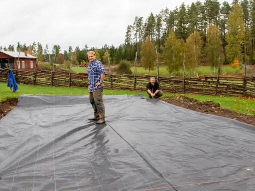Två män lägger ut markduk för odling. En röd stuga och en trästaket syns i bakgrunden.