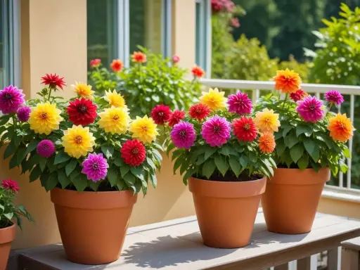 Färgglada dahlia i kruka inomhus, med blommor i rosa, gult, rött och orange som lyser upp.