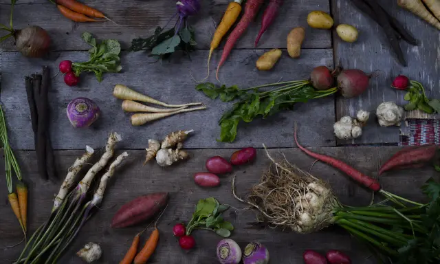 En härlig samling rotfrukter: morötter, palsternackor, rödbetor, potatis, kålrot och mer. En komplett rotfrukter lista för en hälsosam måltid.