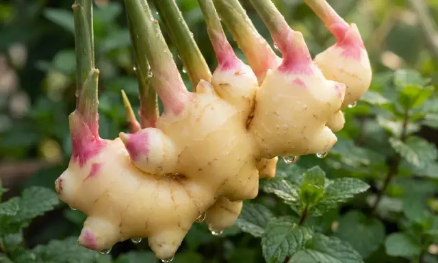 Färska ingefära-plantor med daggdroppar hänger över myntablad.
