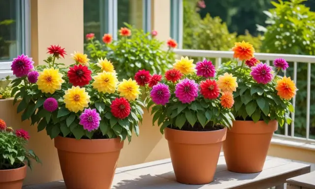 Färgglada dahlia i kruka inomhus, med blommor i rosa, gult, rött och orange som lyser upp.