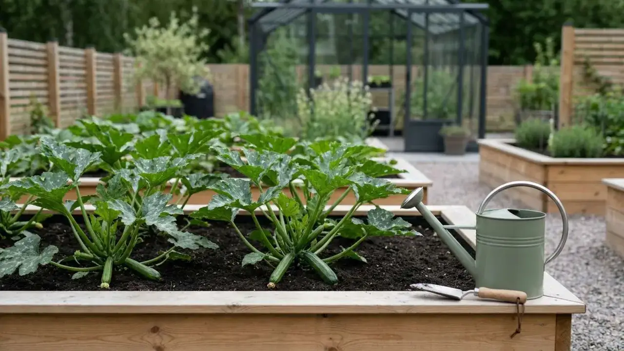 En frodig squash planta v&auml;xer i en upph&ouml;jd b&auml;dd, redo f&ouml;r sk&ouml;rd. En gr&ouml;n vattenkanna och spade ligger bredvid.