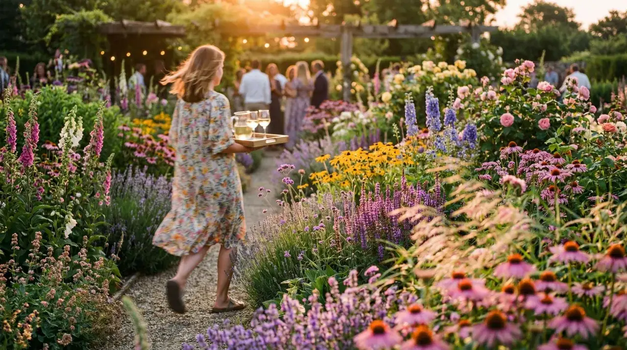 En kvinna b&auml;r en bricka med glas genom en tr&auml;dg&aring;rd fylld av perenner som blommar hela sommaren. Solen lyser varmt &ouml;ver den f&auml;rgsprakande rabatten.