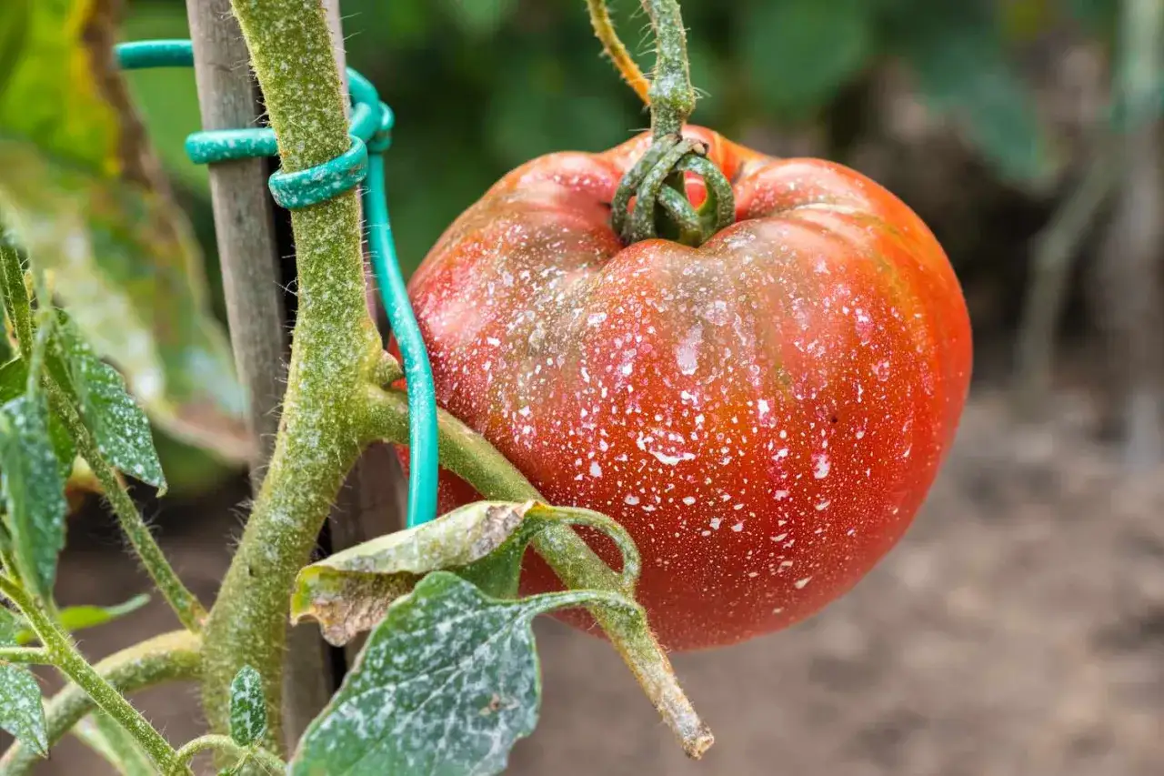 En tomatplanta med ohyra som vita prickar p&aring; tomaten och bladen. Plantan &auml;r bunden till en pinne med ett gr&ouml;nt sn&ouml;re.