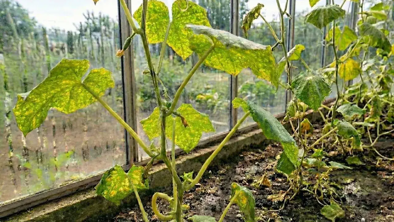 Gurkplantan i v&auml;xthuset visar tecken p&aring; spinn p&aring; gurka. Bladen &auml;r fl&auml;ckiga och gulnade, och n&aring;gra &auml;r redan torra.