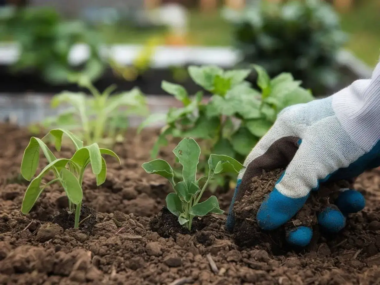 Hand i handske planterar små plantor i jorden. Snart är det dags att toppa dahlia för frodig blomning.