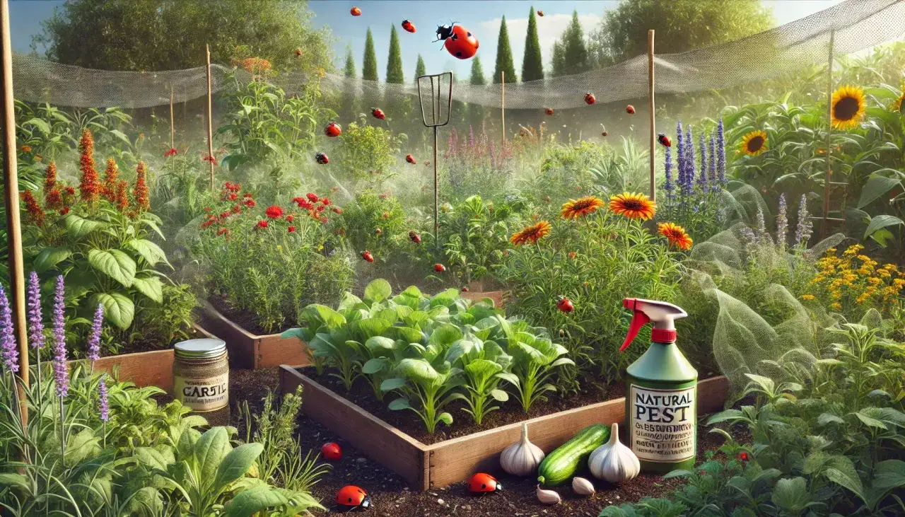 En frodig gr&ouml;nsaksodling med nyplanterad k&aring;l, solrosor och lavendel. En flaska 