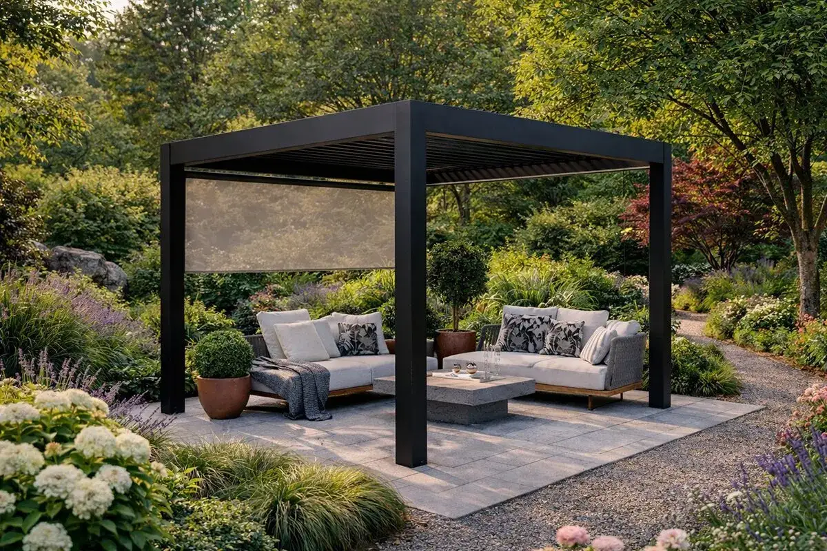 Modern patio design med svart pergola, bekv&auml;ma soffor och ett stenbord, omgivet av en lummig tr&auml;dg&aring;rd.