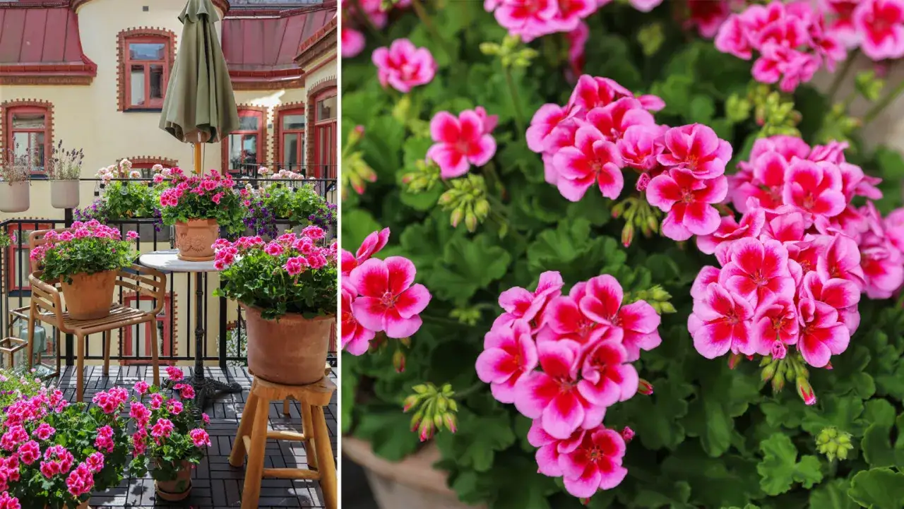 En balkong fylld med rosa blommor, kanske &aring;rets pelargon. En stol och ett bord skapar en mysig plats att njuta av.