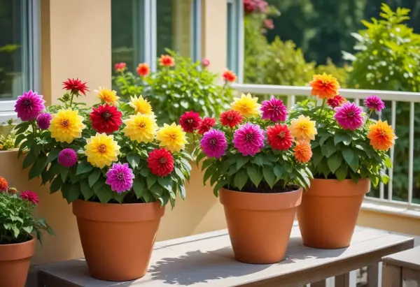 Färgglada dahlior i krukor på en altan. En vacker samplantering av dahlia i kruka som lyser upp i sommarvärmen.